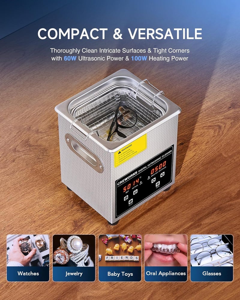 CREWORKS Professional Jewelry Cleaning Machine, 2L Jewelry Cleaning Ultrasonic Machine with Heater & Timer, Digital Sonic Cleaning Machine for Cleaning Denture Dental Irrigator Parts Retainer Glasses - Image 5